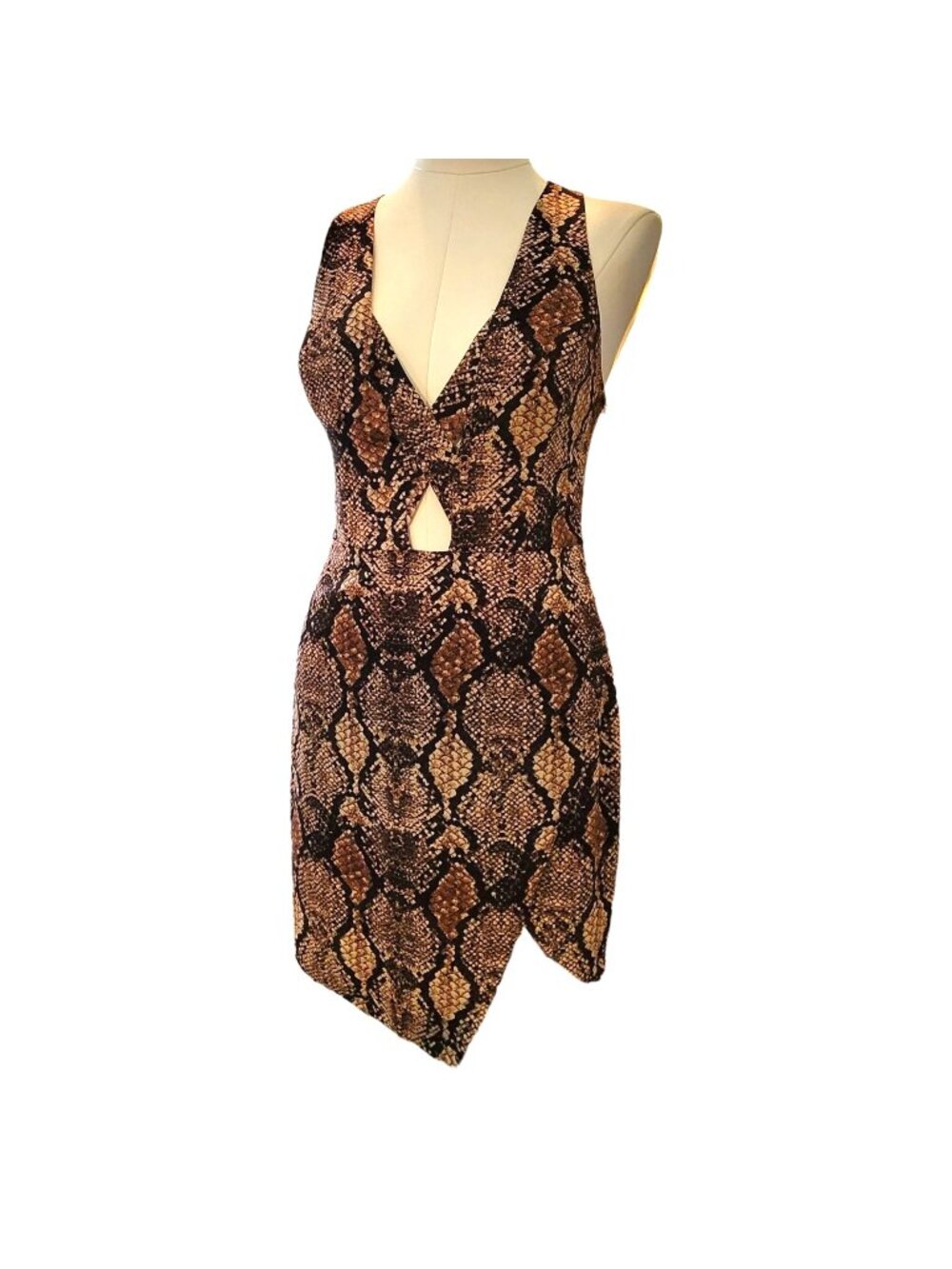 Shark Bite Bodycon Dress Brown Black Faux Snakeskin Deep V Mini Size 8 VR607